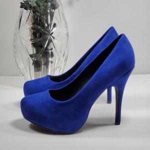 Women Blue Suede Platform Pumps Size 9